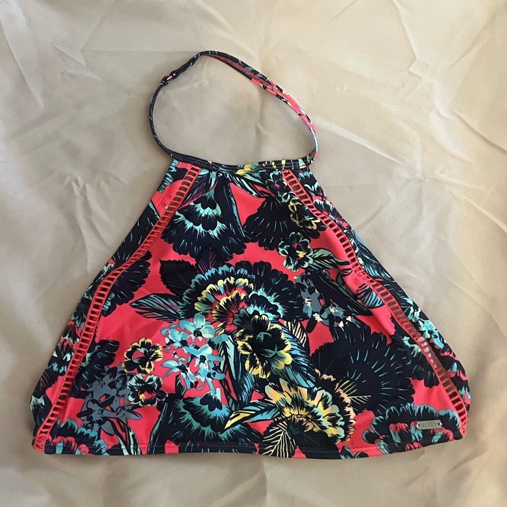 Roxy triangle style bathing suit top with high neck. Pink with blue floral print